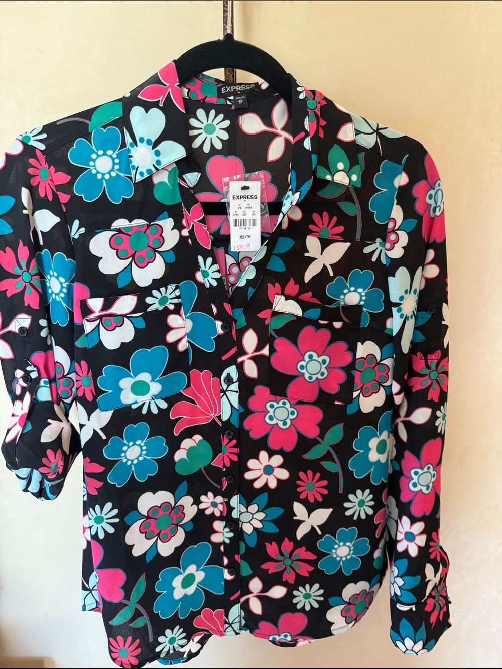 Express Black Floral Button-Up Blouse with Teal & Pink Flowers